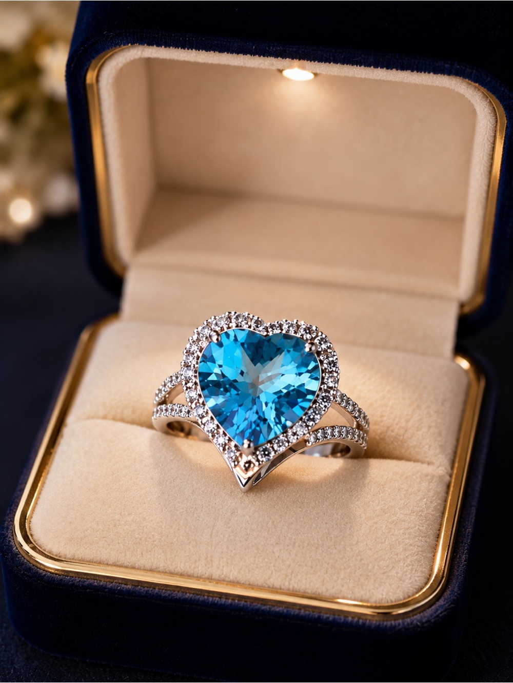 10k white gold Heart Blue topaze & diamonds Halo Ring - size 7